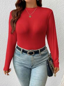 SHEIN Frenchy Plus Solid Ribbed Slim Fit Mock Neck Knit Tee - Red - View 1