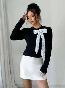 Selianne 女士亮片蝴蝶结设计修身优雅毛衣，独特显瘦的秋冬新款针织套头衫 - 彩色 - 查看 1