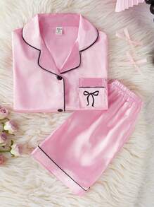 SHEIN 2pcs/Set Tween Girls Valentine's Clothes Simple Short Sleeve Cardigan With Pockets And Bow Patch Printed Shorts Pajamas Set - Pink - View 4
