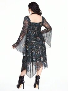 ROMWE Goth 大码不对称下摆哥特式森林蘑菇印花透明喇叭袖低胸休闲海滩度假派对连衣裙 - 黑色 - 查看 3