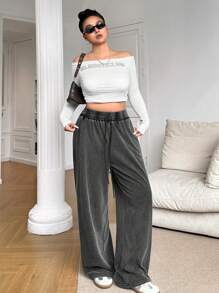 SHEIN EZwear 黑色直腿宽松休闲大码女式长裤，纹理羊毛 - 黑色 - 查看 6