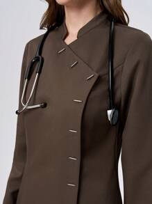 Scrubzie 2pcs Women Scrub Uniform Set Including Stand Collar Long Sleeve Top And Pants, Wrinkle Resistant - Brown - View 4