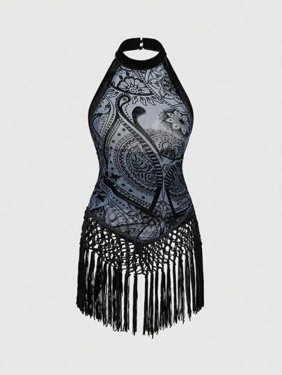 Goth Débardeur à fleurs rétro floqué avec franges, style vacances sexy pour femmes