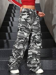 SHEIN EZwear Quần Jeans Ống Thẳng Đơn Giản, Đơn Giản, Rằn Ri, Túi Nút Phía Trước Cho Nữ - Nhiều màu - Xem 6