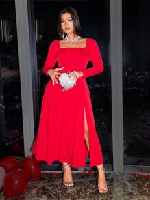 Allurite Vestido elegante retro y romántico de cuello cuadrado rojo, de talla grande, con mangas largas acampanadas y abertura lateral, adecuado para Navidad, San Valentín, vacaciones, fiestas, cumpleaños