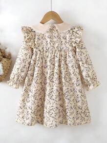 SHEIN Vintaside Kids 女童碎花荷葉領長袖A字洋裝，適合日常穿著，秋季仙女風 - 杏色 - 查看 2
