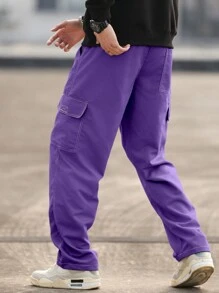 Manfinity Homme Men's Drawstring Waist Cargo Pockets Straight Leg Casual Pants - Purple - View 4