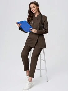 Scrubzie 2pcs Women Scrub Uniform Set Including Stand Collar Long Sleeve Top And Pants, Wrinkle Resistant - Brown - View 5