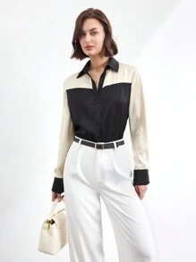 BizChic 女士缎面撞色办公室衬衫，优雅通勤工作服，适合新年、约会、春夏季 - 黑色 - 查看 4