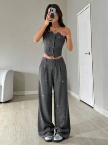 SHEIN EZwear 2 Stücke Damen einfaches Camisole Top mit Knopfleiste und Tasche und lange Hose Set