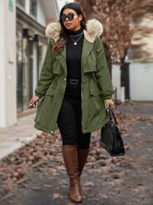 Calvaya Plus Size Women Casual Patchwork Fluffy Hooded Cinched Waist Long Padded Parka Padded Coat, Autumn/Winter