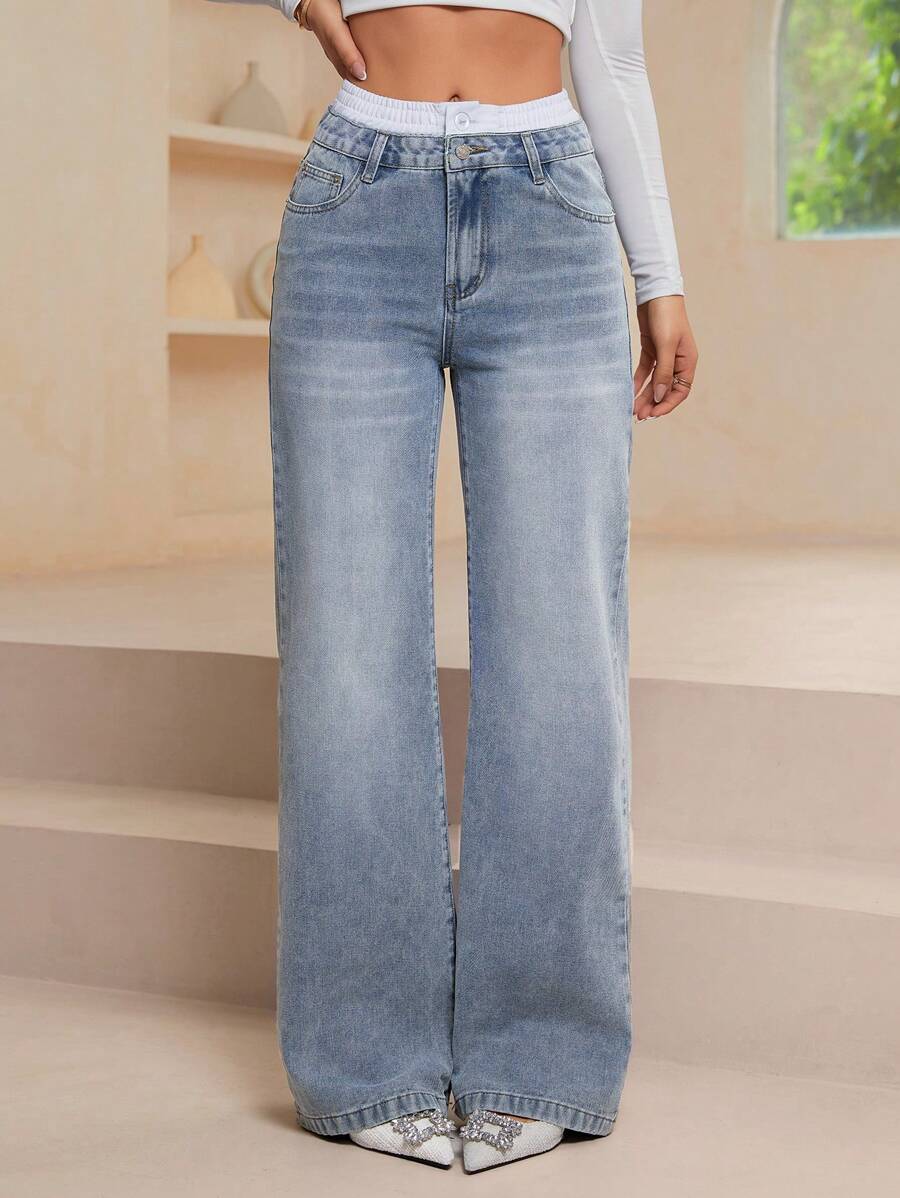 SHEIN Essnce 女式休闲复古双腰带直筒阔腿牛仔裤