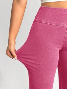 SHEIN EZwear Women's Asymmetric Waist Flared Casual Versatile Jeans,Christmas, Valentine's Day, New Style, Pink High Elastic Leggings Knitted Jeans Flared Pants