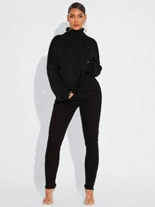 SHEIN SXY 女士纯色高领做旧长袖针织毛衣外出上衣