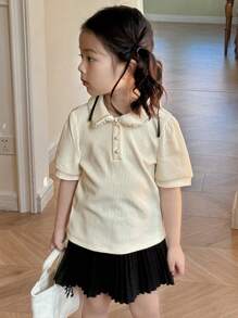 DAZY Young Girl Cute Collar Short Sleeve Knit T-Shirt,Girls Summer Outfits - Beige - View 5