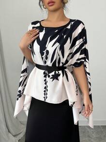 Elenzga Positioning Print Batwing Sleeve Shirt Mermaid Dress Elegant Women 2Pcs Set - Multicolor - View 5