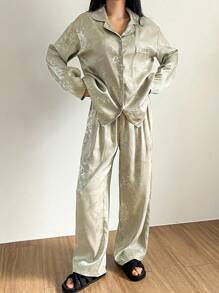DAZY Chinese Style Bamboo Pattern Jacquard Satin Pajama Set, Fall Clothes - Grey - View 3