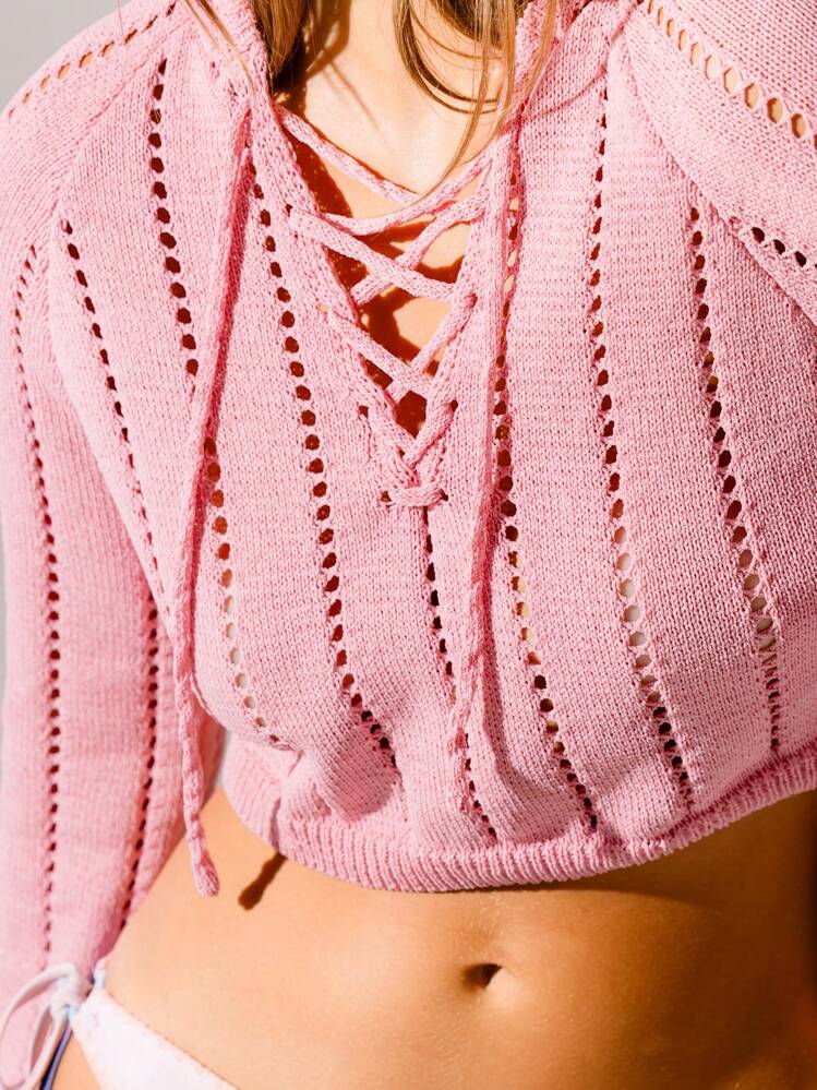 Aralina Lightweight Casual Lace Up Tie Front Cropped Holiday Hoodie Sweater - Pink - View 3