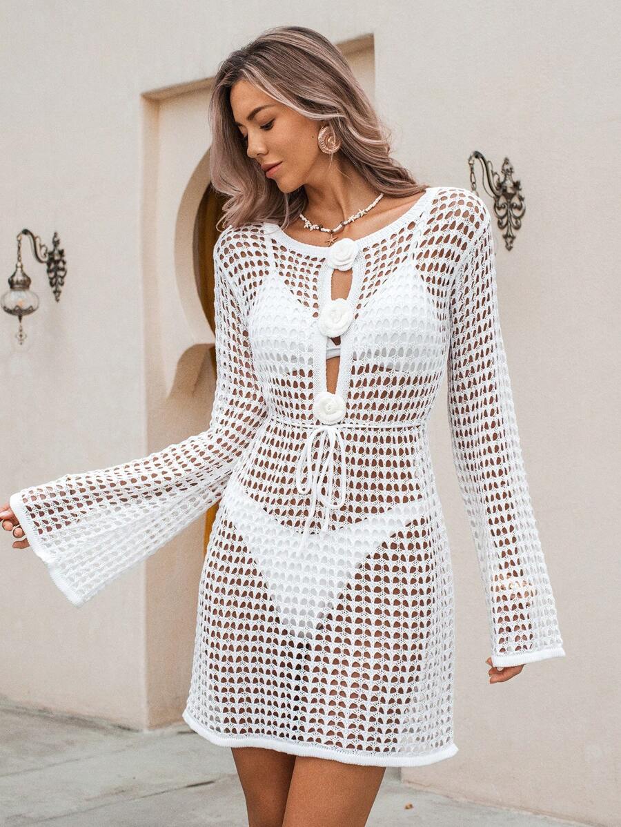 Swim Lushoire White Hollow Crochet Floral Front & Tie Waist Beach Cover Up Dress Summer - White - View 1