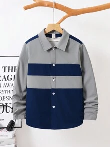 Tween Boy Casual Patchwork Collared Long Sleeve Shirt - Grey - View 8