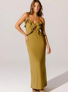 Fall / Winter Elegant Ruffled Front Crinkle Textured Fabric Chic Olive Green Cascading Ruffle Flowy Boho Country Style Wedding Guest Maxi Dress - Army Green - View 5