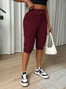 SHEIN SXY 女式纯色抽绳腰部实用口袋七分休闲裤