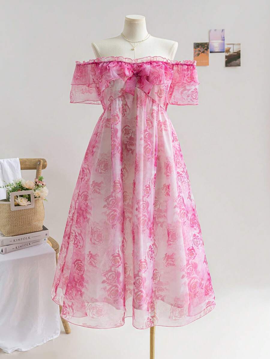 Soleia 1pc Plus Size Women's Holiday/Valentine's Day Ruffle Pink Rose Print Organza A-Line Dress With Ruffle Trim - Multicolor - View 1