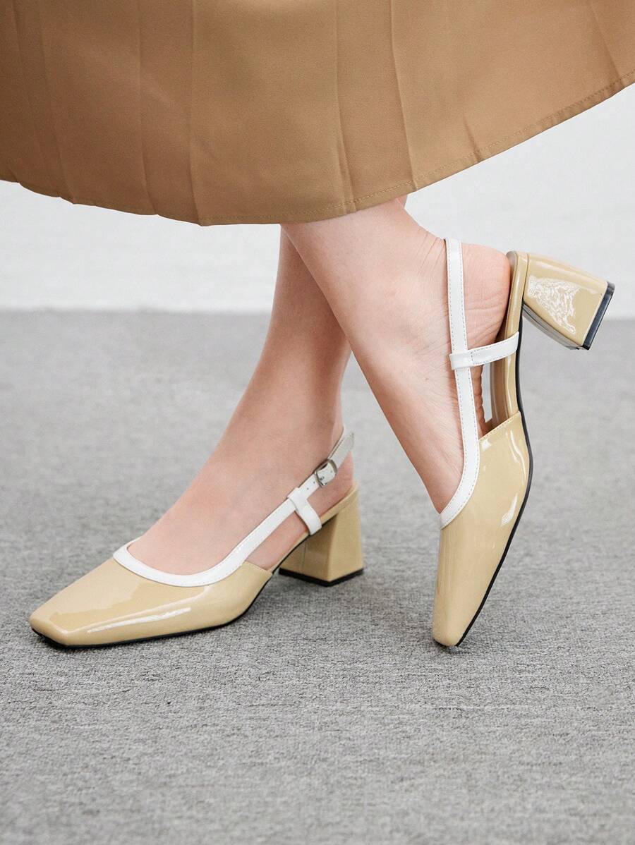 CUCCOO BIZCHIC Women's Square Toe Thick Heel Commuting Casual Beige & Brown Color Block Slip-On High Heels, Fashionable & Elegant, Suitable For Spring Casual Outfit Valentine's Day - Apricot - View 1