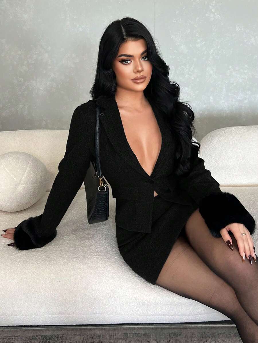 SHEIN SXY Business Office Lady Minimalist Fuzzy Cuff Blazer Suit, Autumn/Winter - Black - View 1