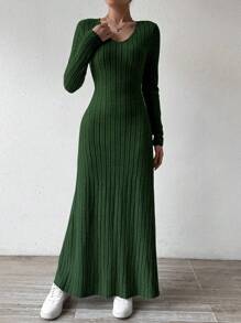 Chiquease 女士纯色针织羊毛 V 领长袖 A 字裙长款女装