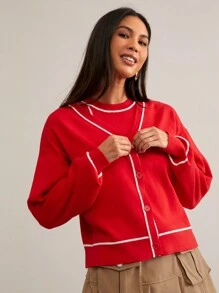 SHEIN Essnce 2 件套女式撞色前扣长袖简约夹克和套头衫 - 紅色 - 查看 3