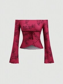 SHEIN Unity 露肩碎花蝴蝶结修身T恤，Y2K圣诞节派对