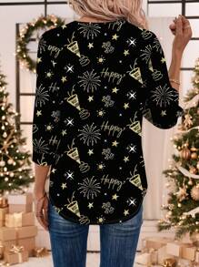 SHEIN LUNE Camisa casual de mujer con estampado de "Feliz Año Nuevo 2025", una prenda superior adecuada para otoño/invierno