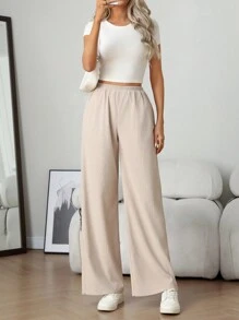 Women Solid Color Elastic Waist Corduroy Casual Trousers Fall Cloth For Women - Khaki - View 7
