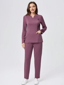 TaskEZ 2pcs Multi-Pocket Long Sleeve Top & Pants Nursing Scrub Uniform Set - Red Violet - View 5