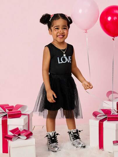Baby Girls 2pcs Set: Black Sleeveless Knit Crop Top With Metallic Foil LOVE Letter Print, And Shiny Design For Street-Cool Baby Girl. Sleeveless Style Keeps Little Girls Feeling Breezy And Free For Various Daily Activities