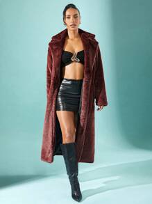 SHEIN Unity Women Fluffy Coats - Burgundy - View 2