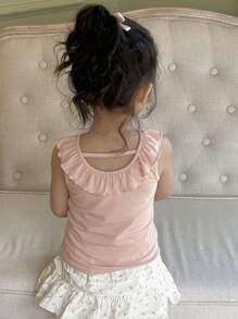 DAZY Young Girl Slogan Cartoon Print Ruffle Trim Round Neck Cute Tank Top,Girls Summer Outfits - Pink - View 7