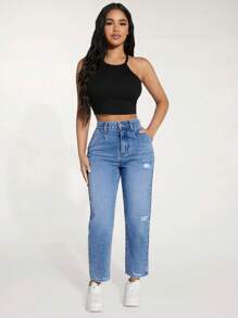 SHEIN PETITE Women's Loose Fit Straight Leg Ripped Pocket Casual Denim Jeans