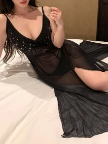 DAZY Cămașă de noapte neagră din plasă transparentă cu sclipici, cu fante înaltă, sexy