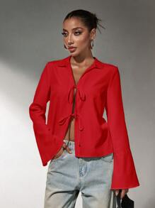 SHEIN SXY Blusa roja con lazo, manga larga y corte suelto para mujer, elegante y glamorosa, ideal para cenas y banquetes festivos en otoño/invierno - Rojo - Ver 1