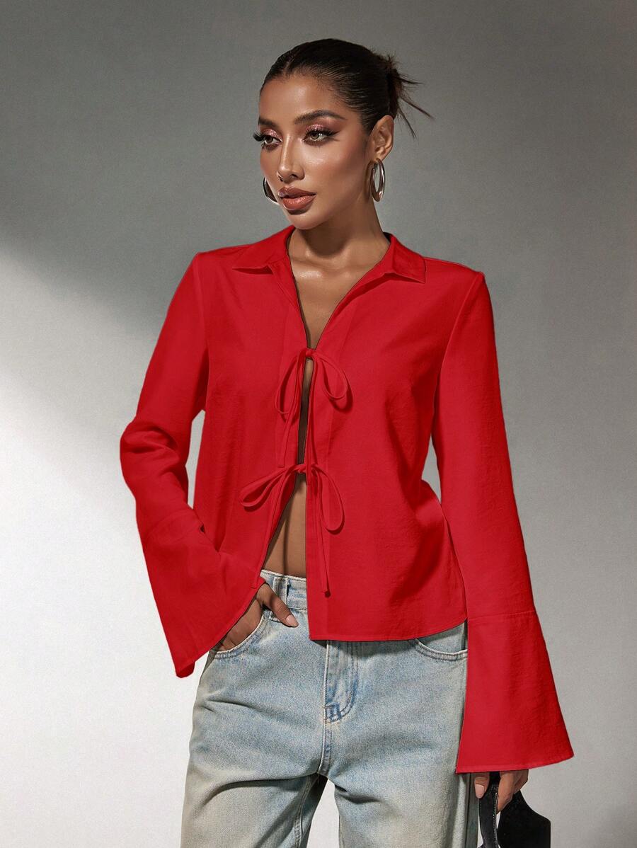 SHEIN SXY Blusa roja con lazo, manga larga y corte suelto para mujer, elegante y glamorosa, ideal para cenas y banquetes festivos en otoño/invierno - Rojo - Ver 1