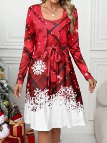 SHEIN LUNE 2pcs Christmas Set: Random Plaid & Snowflake Print Long Sleeve Cardigan Jacket And Spaghetti Strap Dress For Women Fall Cloth For Women - Red - View 4