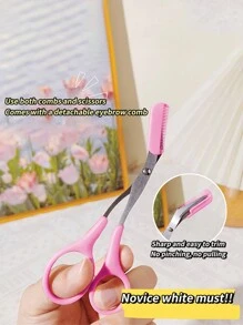 SHEIN 1 件升级版男女通用眉毛剪梳，更坚固更锋利，新版辅助眉梳剪刀，男女皆宜，完美的眉毛修剪工具，可更好地控制长度，修剪眉毛，家庭美容小工具，带迷你梳子的剪刀 - 粉色 - 查看 2
