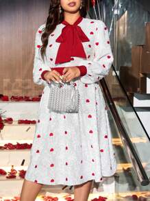 Flirla Đầm dài tay in hình trái tim đỏ thanh lịch cho ngày lễ tình nhân cỡ lớn dành cho nữ - Nhiều màu - Xem 5