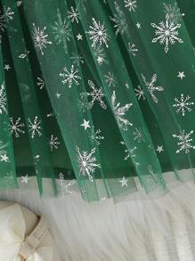 SHEIN Đầm lưới xếp ly thêu kim sa hình bông tuyết bằng vải nhung xanh thanh lịch cho bé gái, trang phục dự tiệc và sự kiện - Màu xanh lá cây đậm - Xem 4