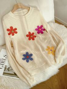 SHEIN Frenchy Plus Size Women's Fall/Winter Beige Sweater,Cute Everyday Three-Dimensional Colorful Flower Knitted Pullover,Fashion Casual Loose Long-Sleeved Tops - Apricot - View 1