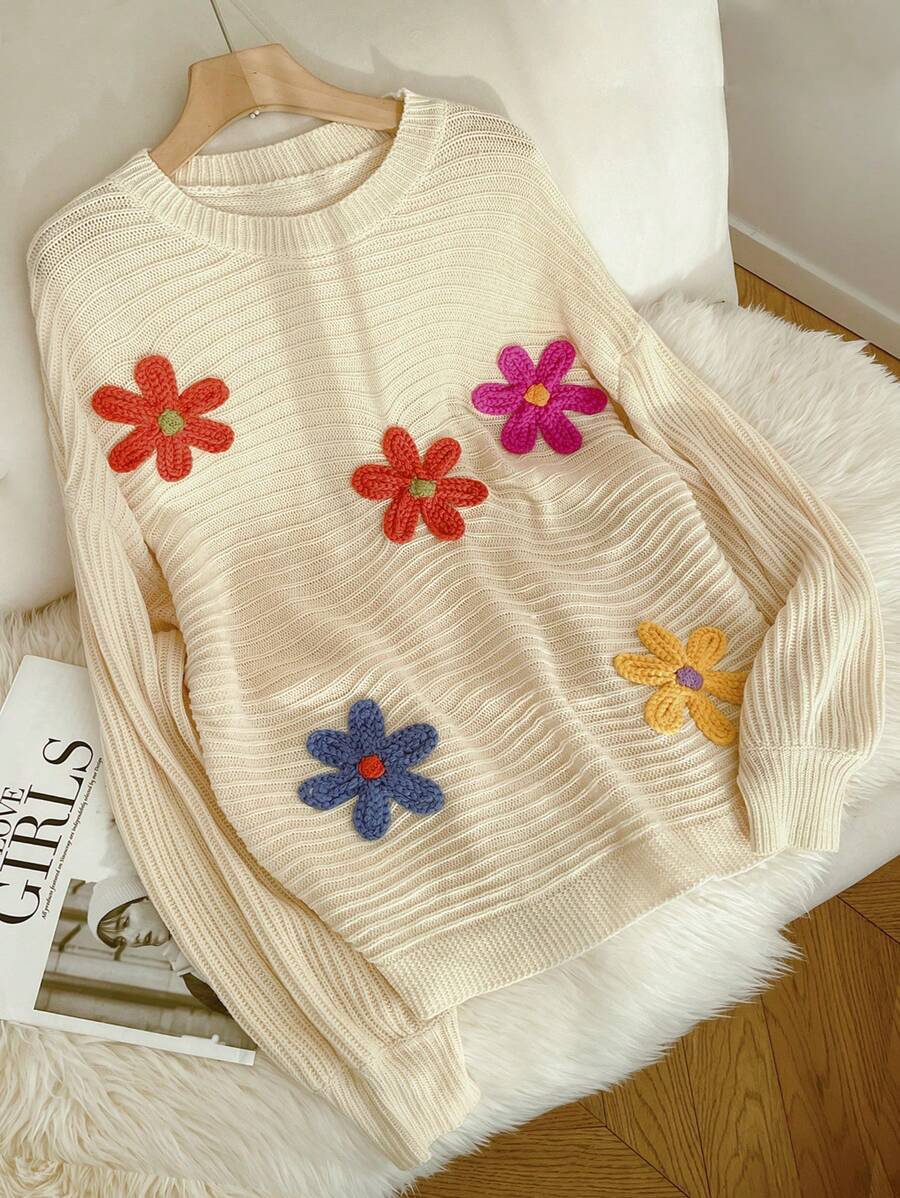 SHEIN Frenchy Plus Size Women's Fall/Winter Beige Sweater,Cute Everyday Three-Dimensional Colorful Flower Knitted Pullover,Fashion Casual Loose Long-Sleeved Tops - Apricot - View 1