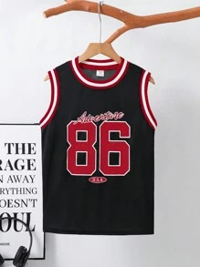 1st Tween Boy Color Block Rood & Wit Grafische Print Losse Fit Tanktop, Geschikt Voor Zomer Casual, Sport, Vakantie