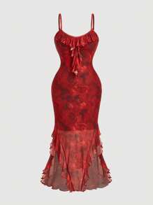 SHEIN MOD 大码红色花卉印花女式细肩带连衣裙、女巫连衣裙、哥特连衣裙、海盗连衣裙、海滩女士服装、化妆舞会连衣裙、女士连衣裙